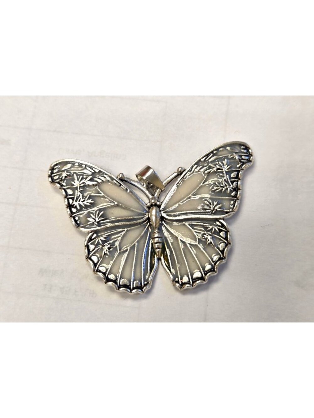 Butterfly Pendant Silver Tone Filigree Design With Enamel Accents 2.5" x 2"